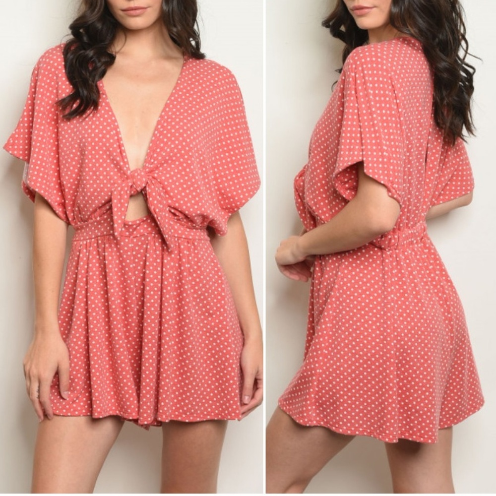 RED & WHITE TIE FRONT DOTTED ROMPER - Picture 2 of 8